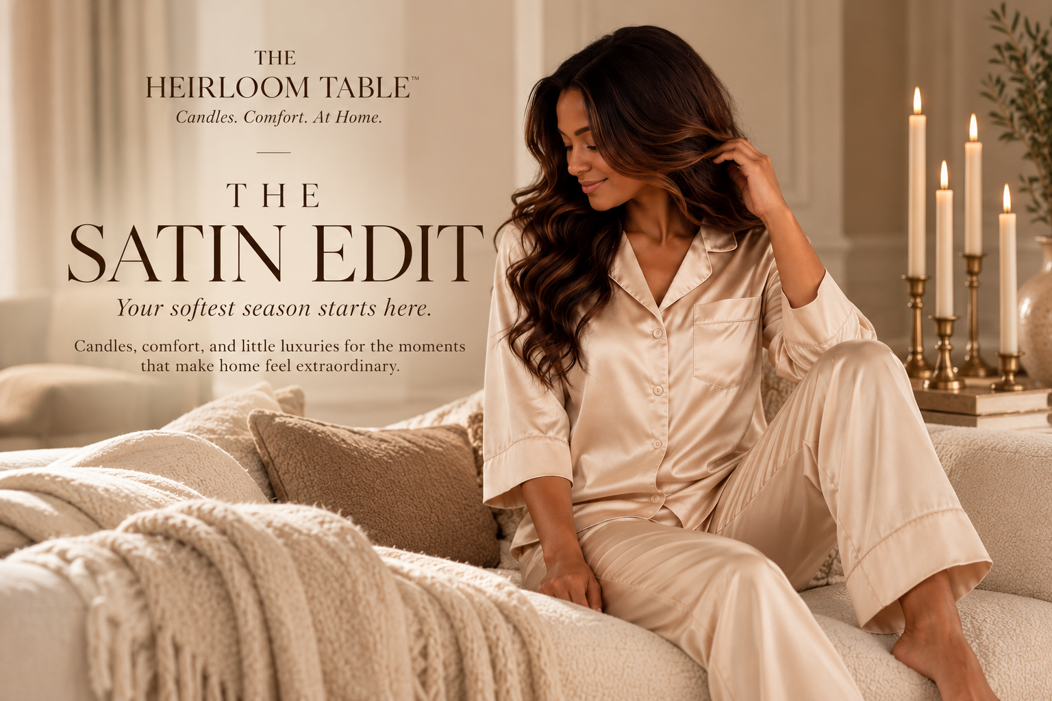 The Satin Edit campaign featuring satin pajamas and taper candles